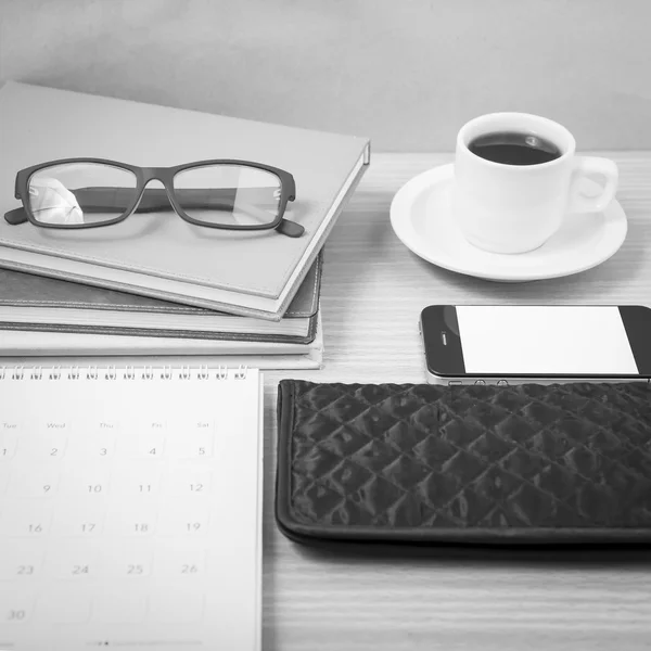 Office desk : coffee with phone,stack of book,eyeglasses,wallet, — Stock Photo, Image