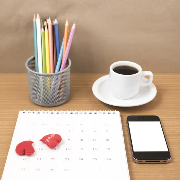 Office desk : coffee with phone,calendar,heart,color pencil — Stock Photo, Image