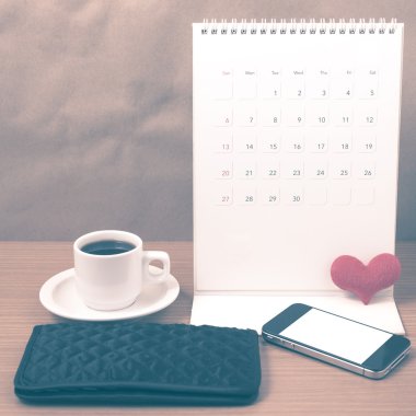 Ofis Büro: telefon, cüzdan, takvim, kalp vintage st ile kahve