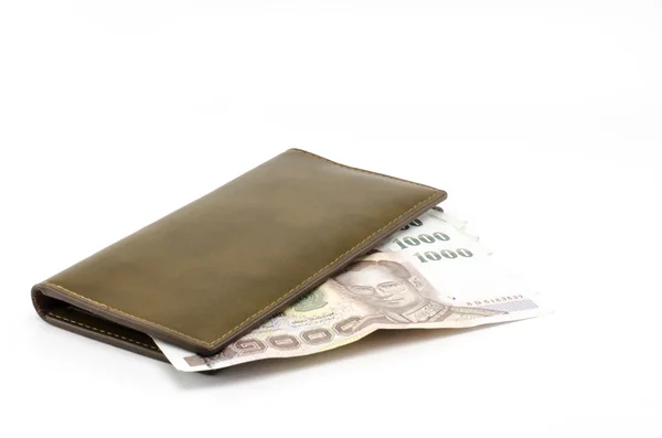 Thai banknote in brown wallet — Stock Photo, Image