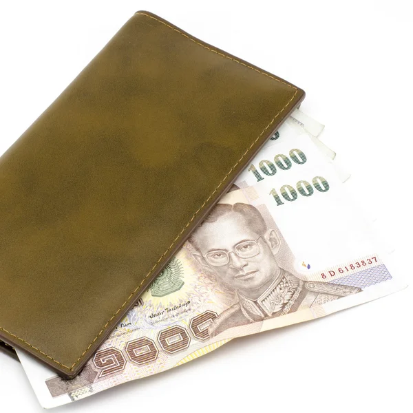 Thai banknote in brown wallet — Stock Photo, Image