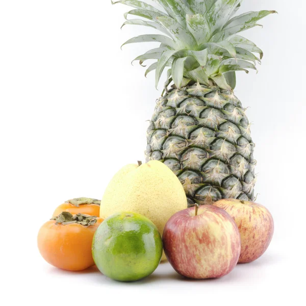 Pineapple chinese pear persimon and green orange isolated on whi — Stock Photo, Image