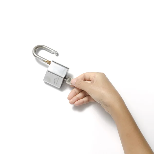 Hand open padlock with key — Stock Photo, Image