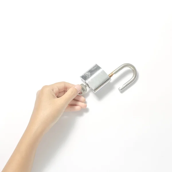 Mão aberta cadeado com chave — Fotografia de Stock