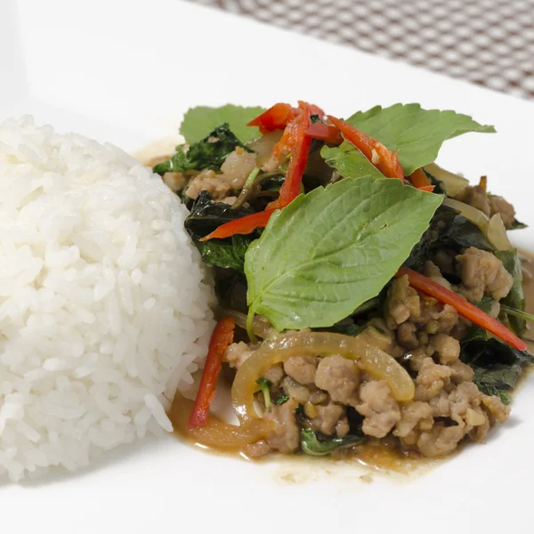 Рис с жареной свининой и базиликом — стоковое фото