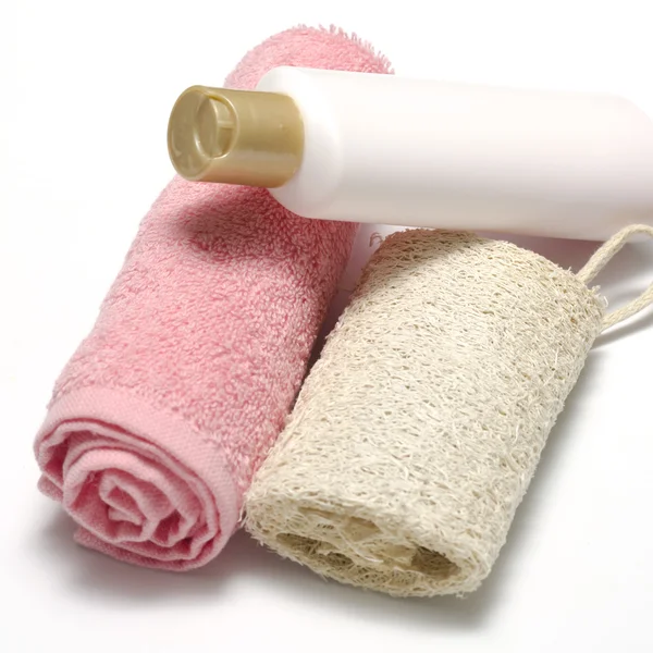 Liquid soap loofah and towel — Stock Photo, Image