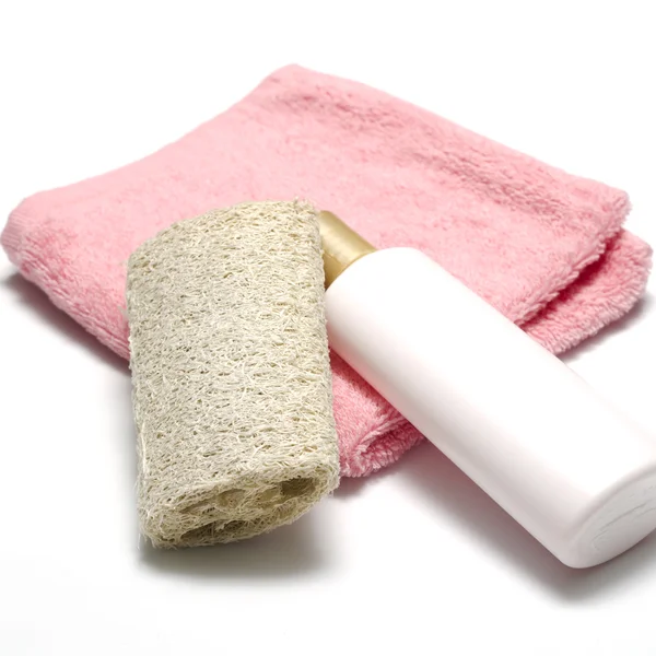 Sıvı sabun lif kabağı ve havlu — Stok fotoğraf