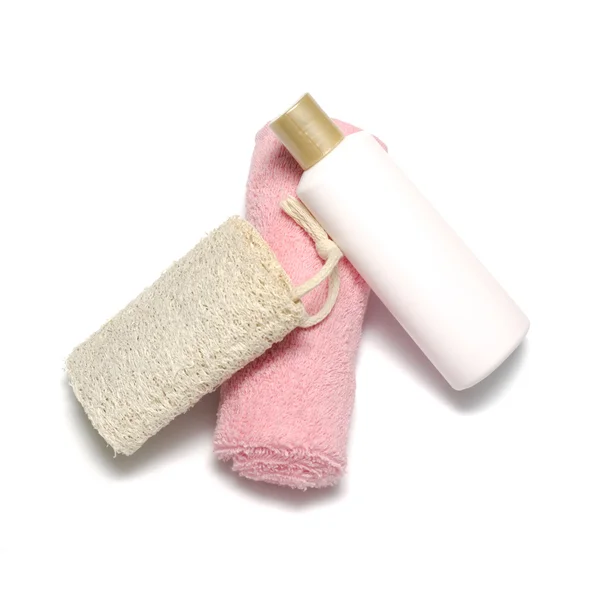 Liquid soap loofah and towel — Stock Photo, Image