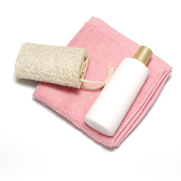 Liquid soap loofah and towel — Stock Photo, Image