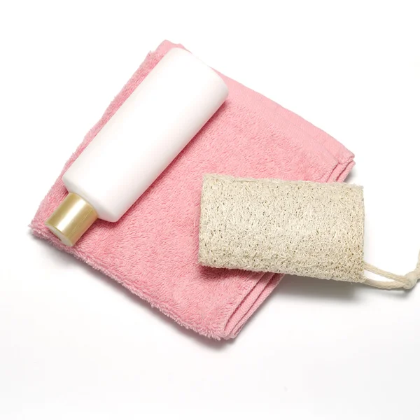 Sıvı sabun lif kabağı ve havlu — Stok fotoğraf