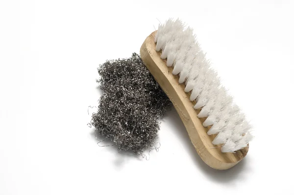 Cepillo de lavado sucio y lana de acero — Foto de Stock