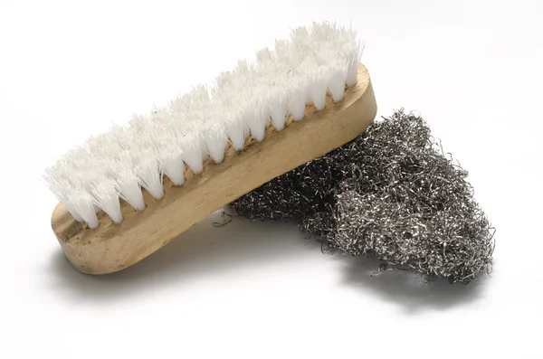 Dirty wash brush and steel wool — Stock Photo, Image
