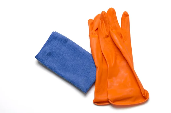 Μπλε πανί με πορτοκαλί καθαρίζοντας γάντι — Φωτογραφία Αρχείου