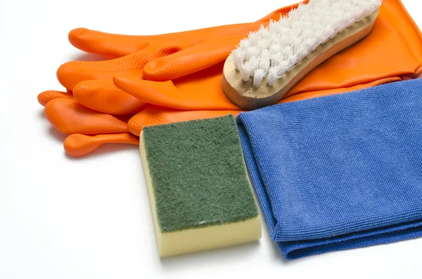 Wash brush, fabric and gloves — Stock Photo, Image