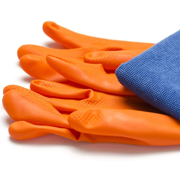 Blue rag with orange cleaning gloves — Stock Photo, Image