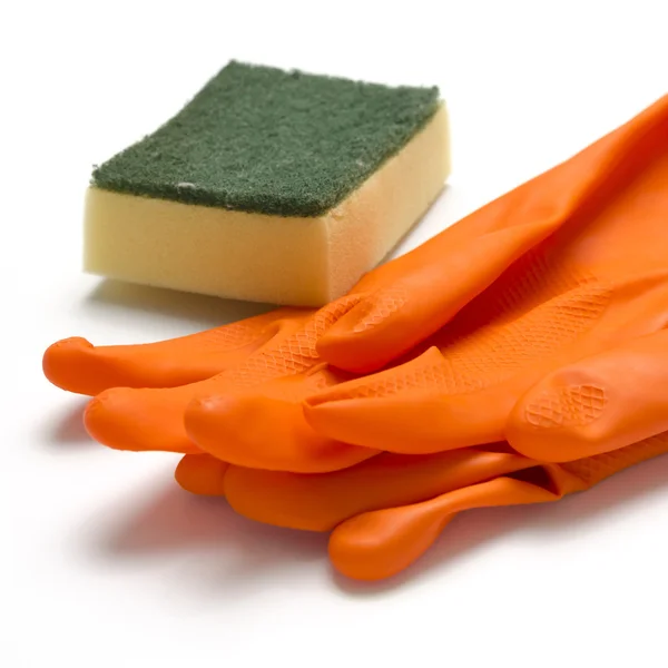 Cleaning sponge and gloves — Stock Photo, Image