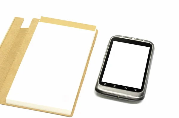 Used smartphone with note book — Stock Photo, Image