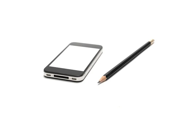 Smartphone e matita su bianco — Foto Stock