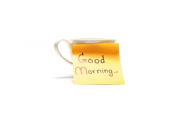 Csésze kávé, öntapadó Jegyzet írása jó reggelt — Stock Fotó