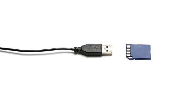 USB kabel i sd karty — Zdjęcie stockowe