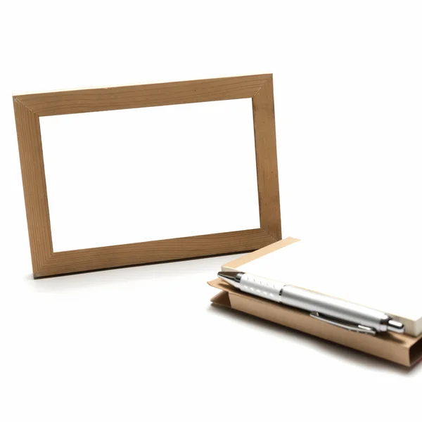 Wood photo frame ams notebook with pen — Stock Photo, Image