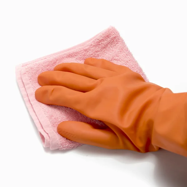 Hand in de handschoen met handdoek reiniging — Stockfoto
