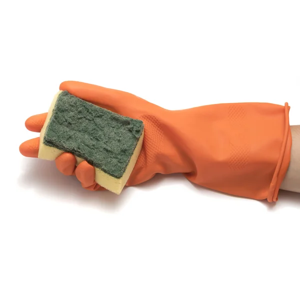 Hand in de handschoen en spons reinigen — Stockfoto