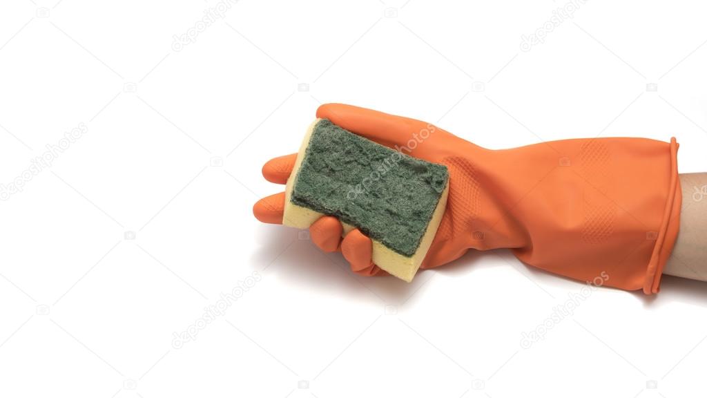 hand in cleaning glove and sponge