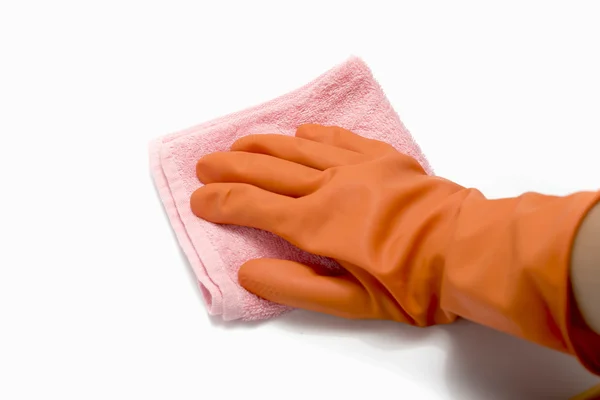 Hand i rengöring handske med handduk — Stockfoto