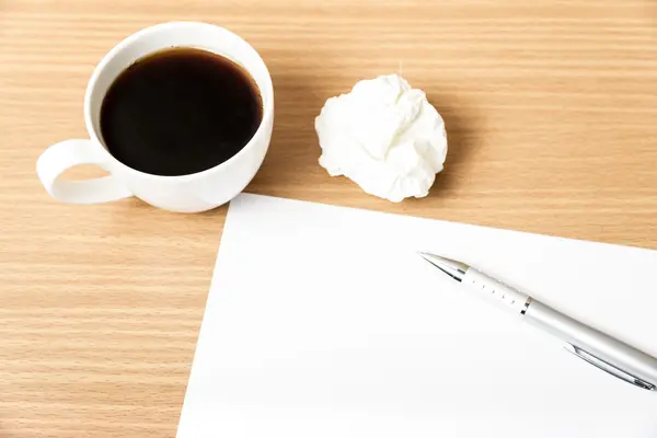 Paper and crumpled with pen and coffee cup — Stock Photo, Image