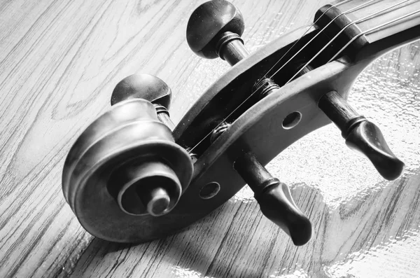 Violin on wood background black and white color tone style — Stock Photo, Image