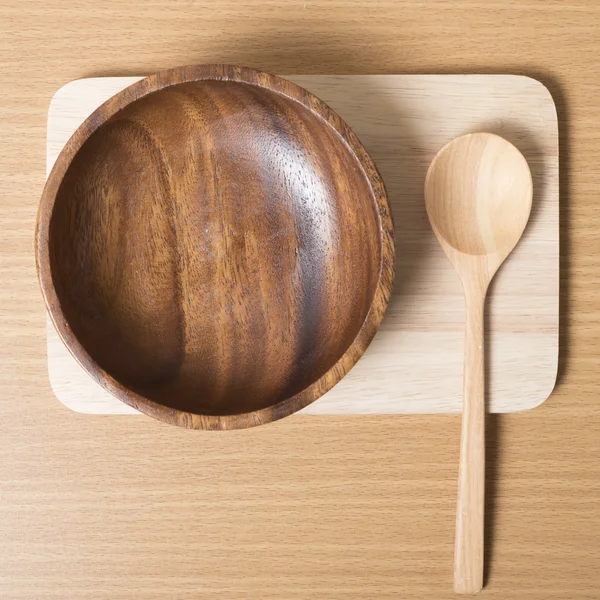 Dřevo miska a lžíce — Stock fotografie