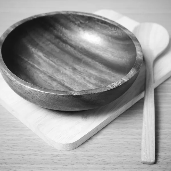 Wood bowl and spoon black and white color tone style — Stock Photo, Image