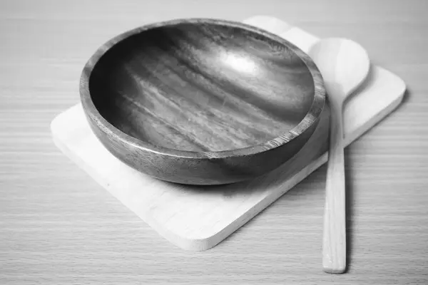 Wood bowl and spoon black and white color tone style — Stock Photo, Image