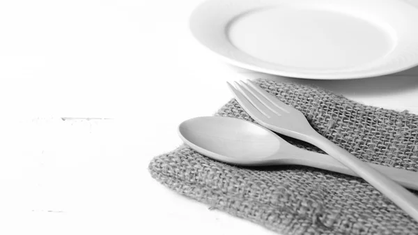 Wood spoon and fork with dish black and white tone color style — Stock Photo, Image