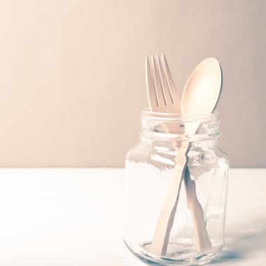 tahta kaşık ve çatal ile cam vintage tarzı
