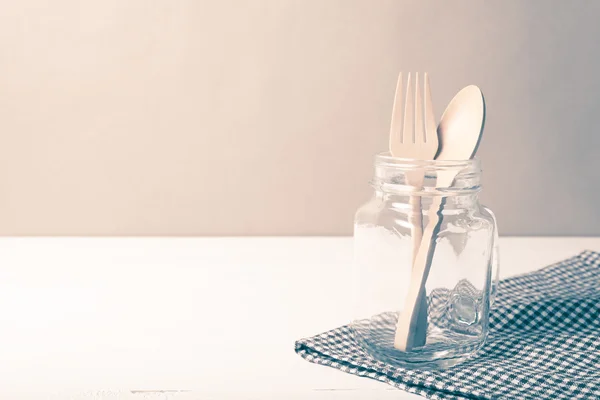 木勺子和叉子玻璃复古风格 — 图库照片