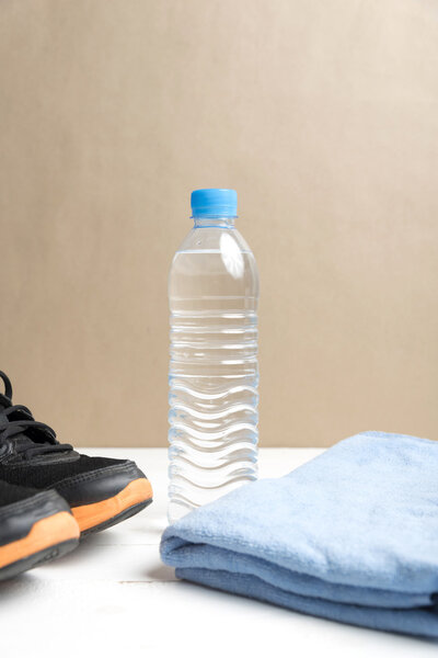 fitness equipment on white wood table