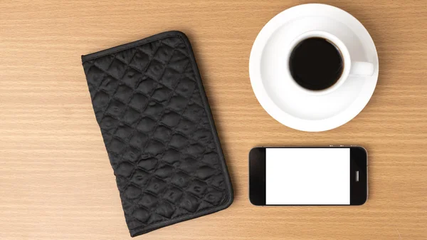 Coffee cup and phone and wallet — Stock Photo, Image