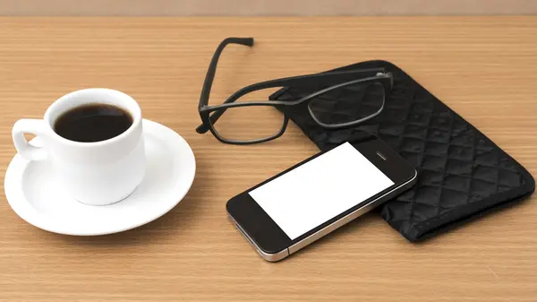 Kaffee, Telefon, Brille und Geldbörse — Stockfoto