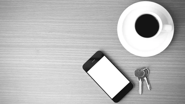 Coffee cup and phone and key — Stock Photo, Image
