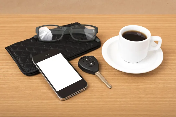 Coffee,phone,car key,eyeglasses and wallet — Stock Photo, Image