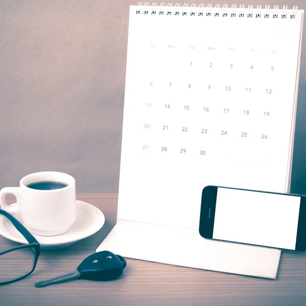 Coffee,phone,car key,eyeglasses and calendar — Stock Photo, Image