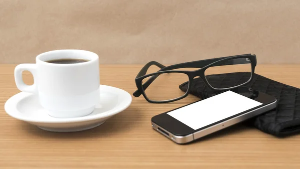 Coffee, phone, eyeglasses and wallet — стоковое фото