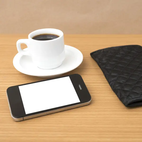 Coffee cup and phone and wallet — Stock Photo, Image