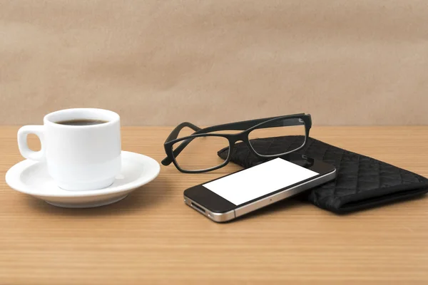 Coffee,phone,eyeglasses and wallet — Stock Photo, Image