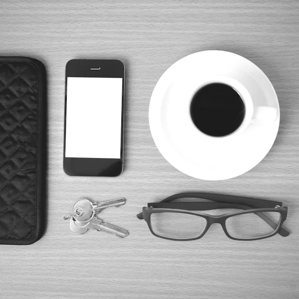 Coffee, phone, key, eyeglasses and wallet — стоковое фото