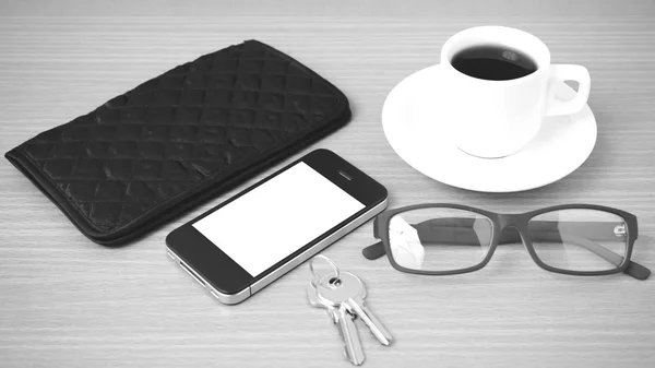 Coffee,phone,key,eyeglasses and wallet — Stock Photo, Image