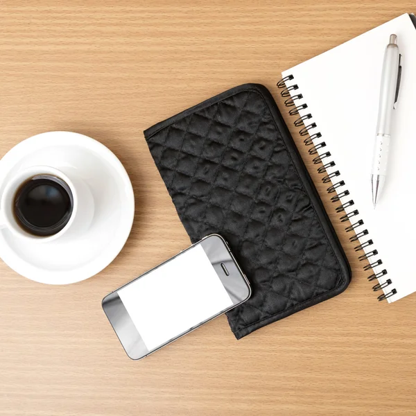 Koffie, Kladblok en telefoon en portemonnee — Stockfoto