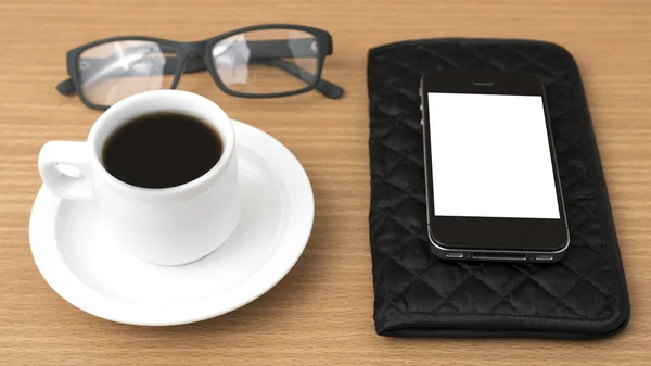 Coffee,phone,eyeglasses and wallet — Stock Photo, Image